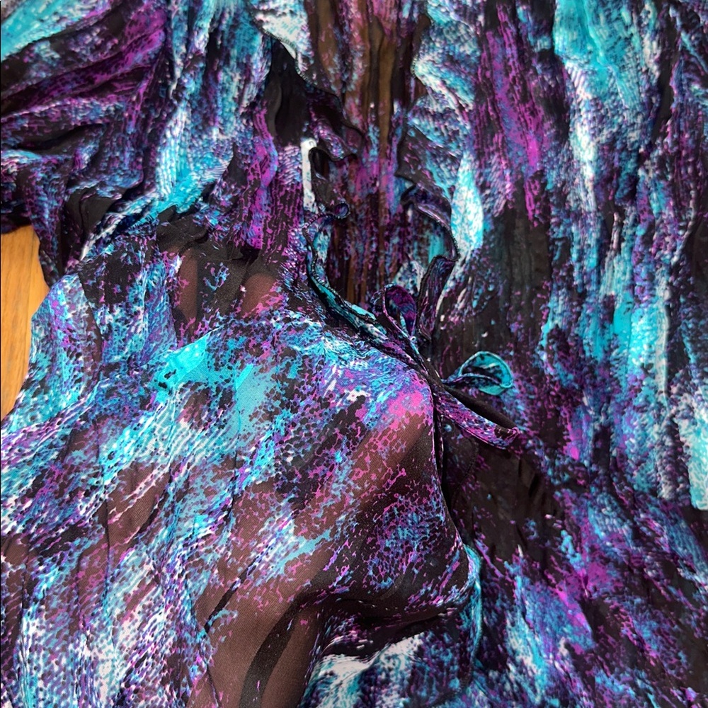 Notations Teal Blue Purple Metallic Sheer Cowl Neck Blouse - Picture 5 of 8